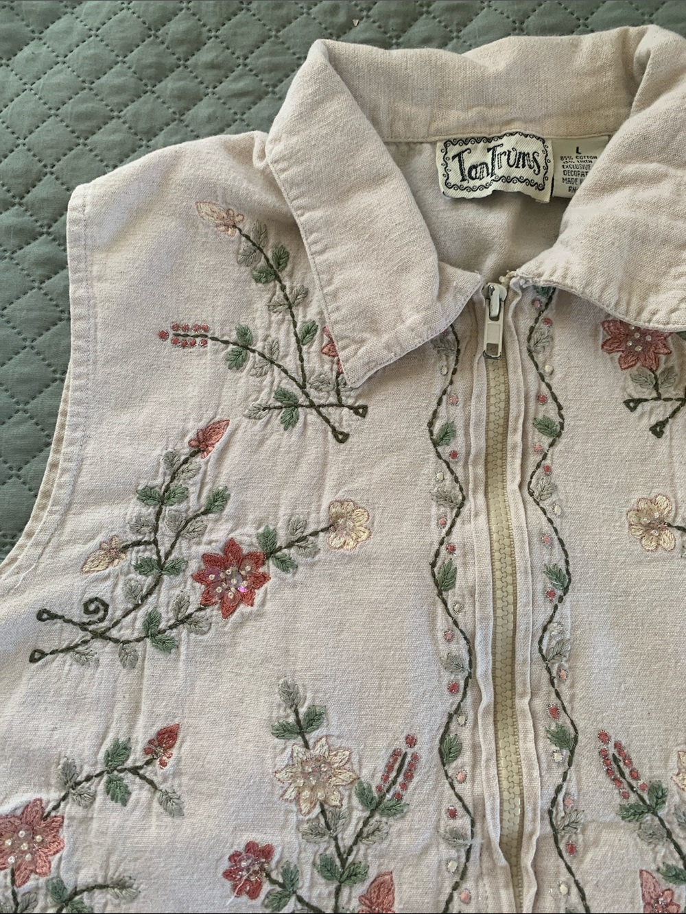 Vintage Embroidered Cotton Linen Sleeveless Zip Top Vest - Picture 4 of 5